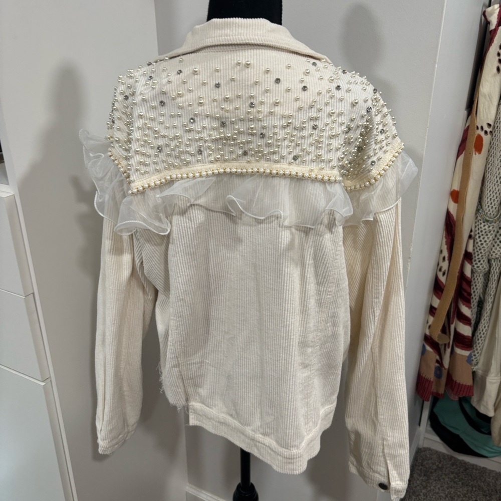 POL Cream Jean Jacket with Pearl Embellishments - Picture 6 of 8